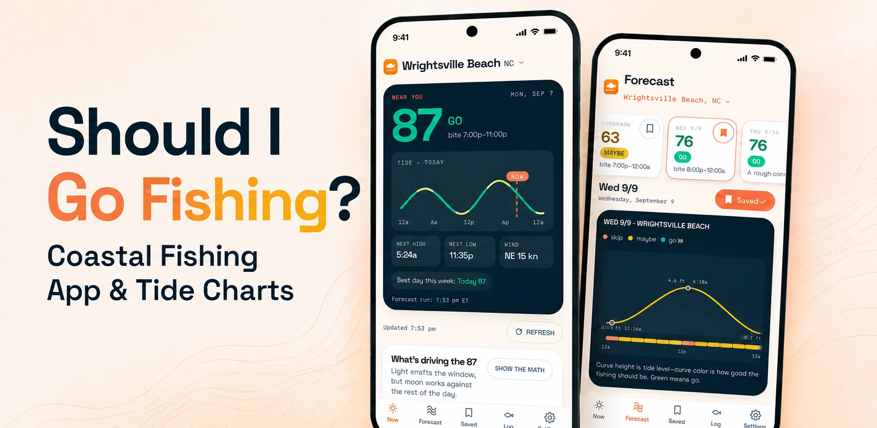 Should I Fish? app on a phone next to the tagline: should I go fishing today?