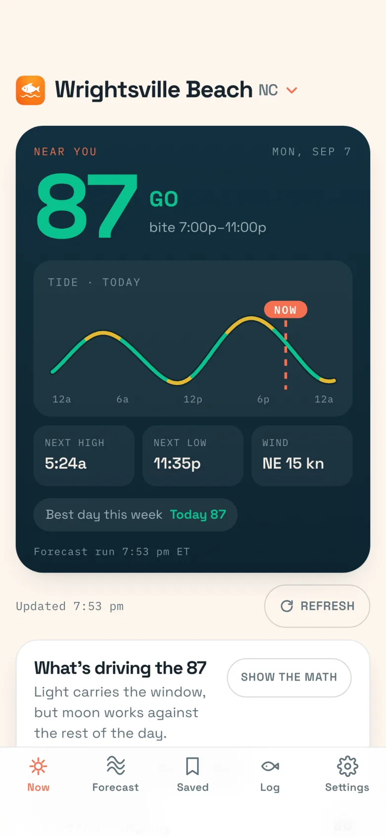 Should I Fish? app Now tab showing an 87 GO fishability score, a tide curve, and the current bite window