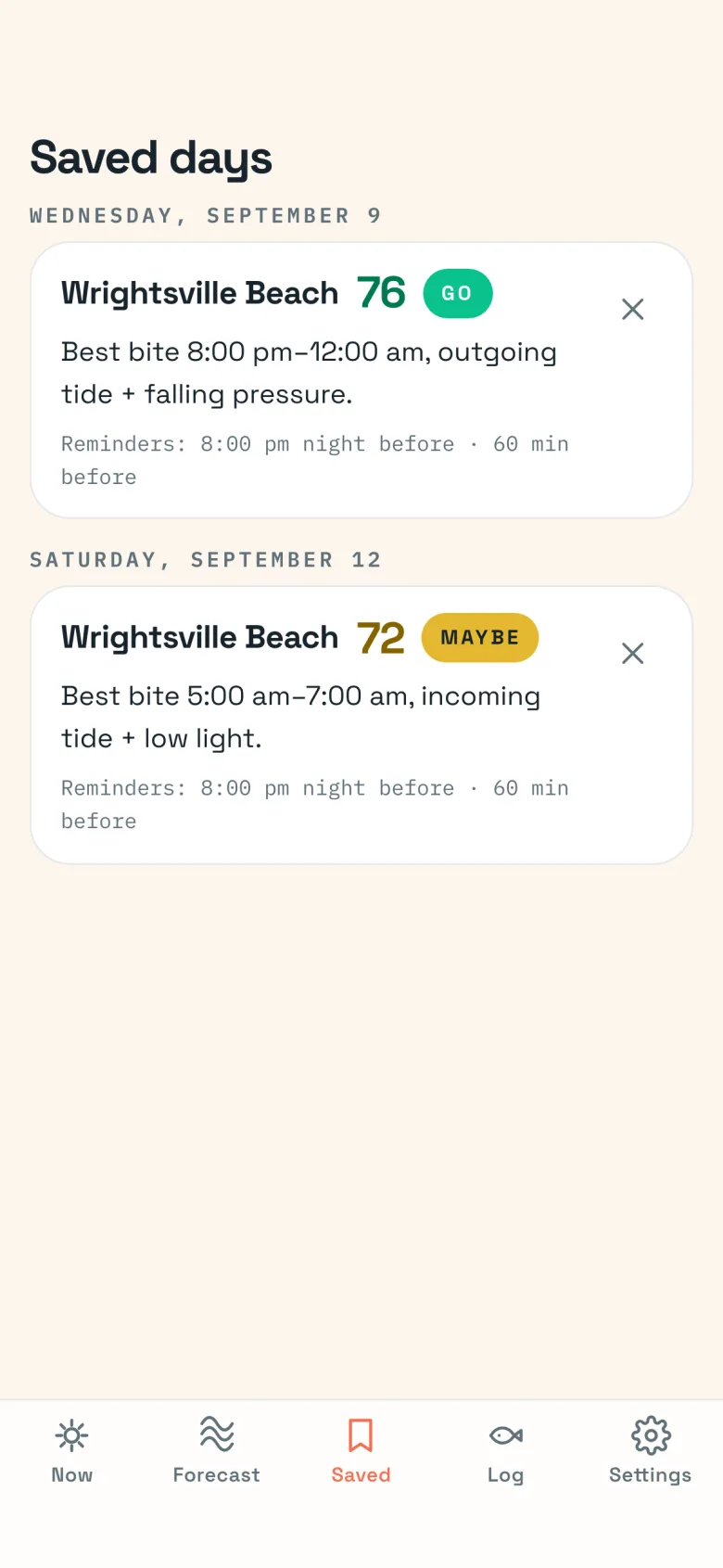 Saved fishing days and bite reminders screen in the Should I Fish? app