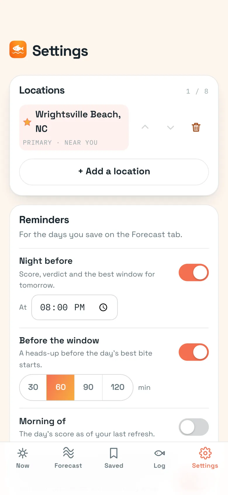 Should I Fish? settings screen showing on-device location and no sign-up required